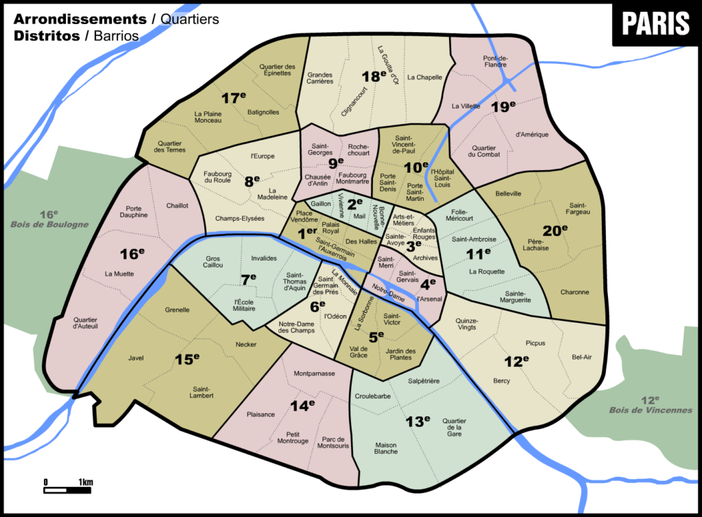 Mapa de arrondissements de Paris